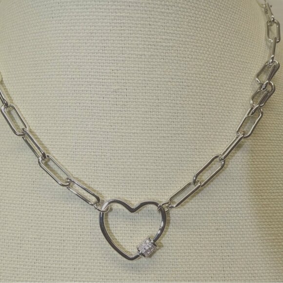 Jewelry - Silver Heart Link Necklace W/ CZ Accents For Women Stainless Steel Chain Elegant